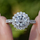 Front view of Old European Round Lab Diamond Halo Accent Ring in two fingers 