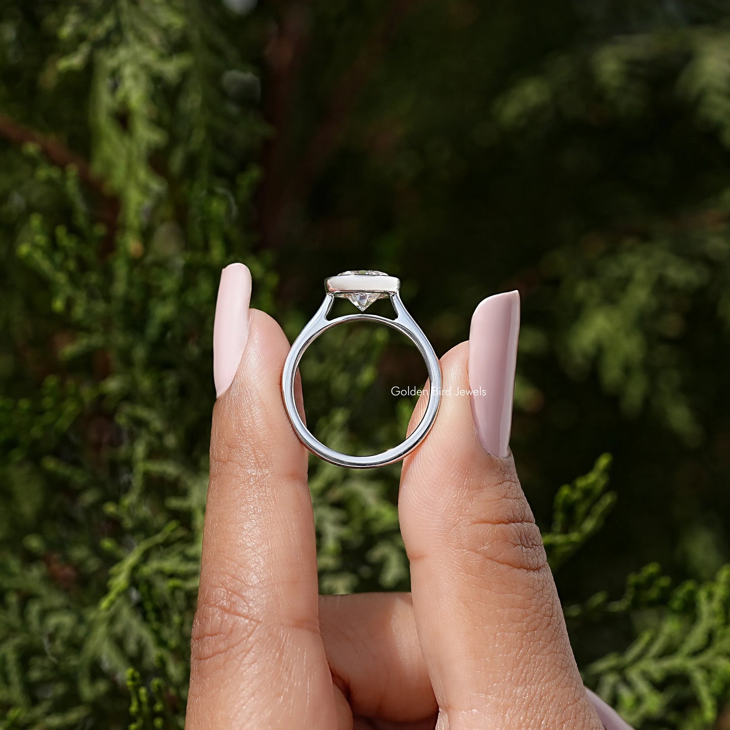 Old European Round Cut Moissanite Bezel Set Wedding Ring