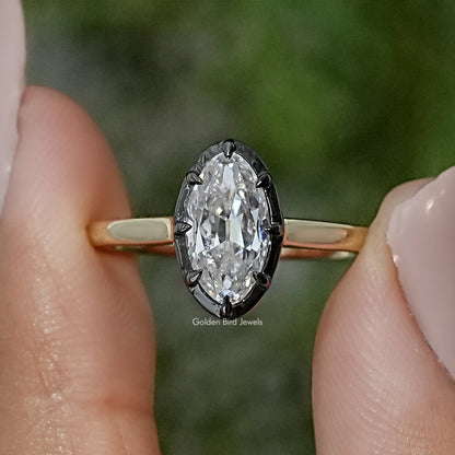 Black Bezel Old Mine Moval Moissanite Solitaire Ring