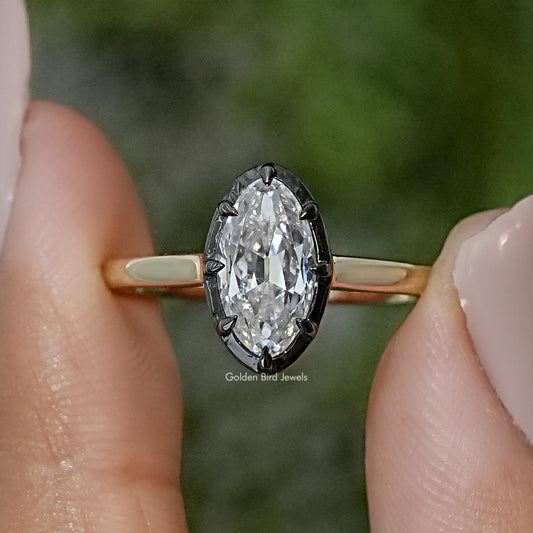 Black Bezel Old Mine Moval Moissanite Solitaire Ring