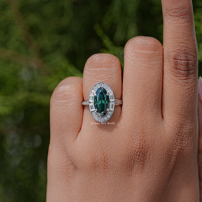 Halo-Ring mit Moissanit-Edelstein, alter Minenschliff, Moval