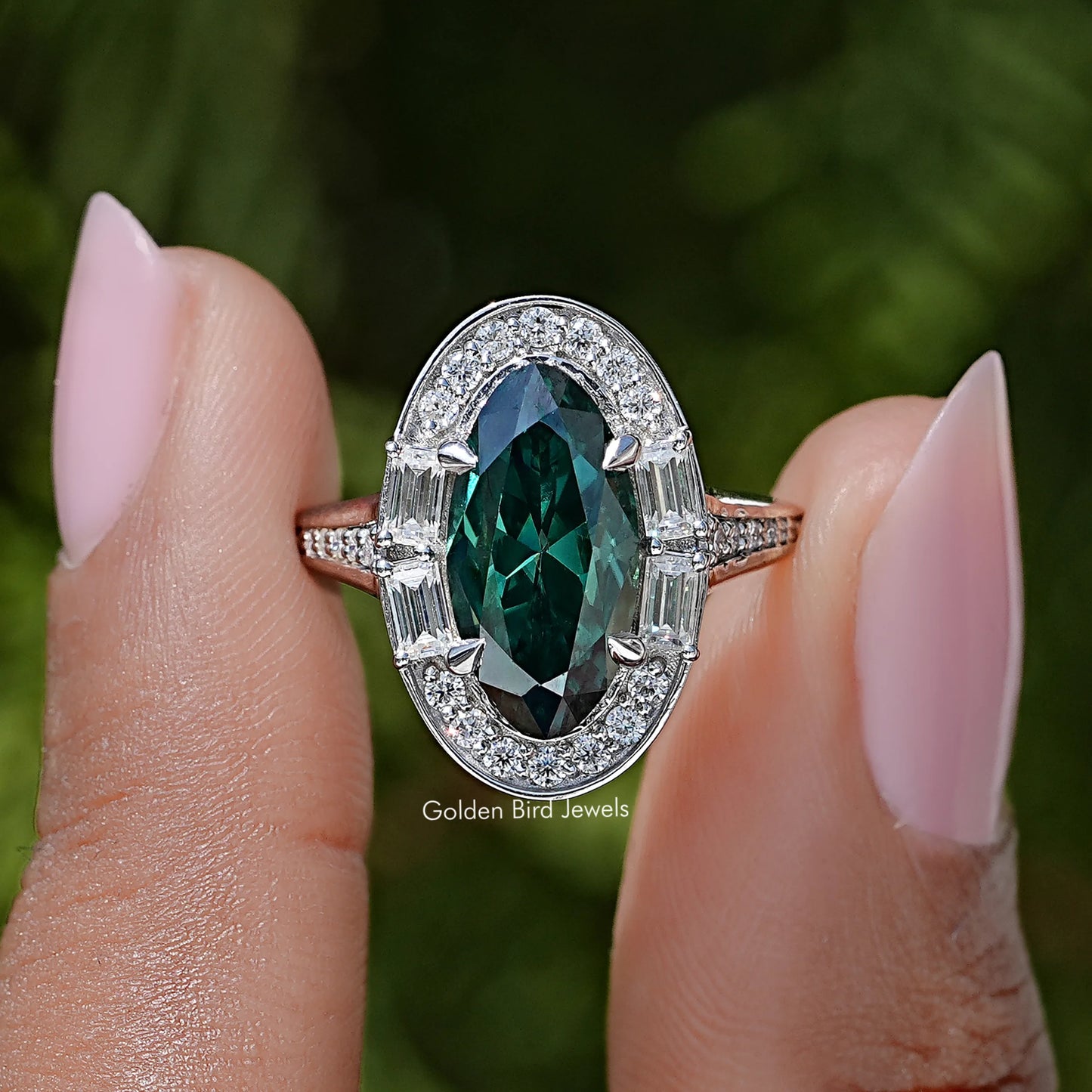 Halo-Ring mit Moissanit-Edelstein, alter Minenschliff, Moval