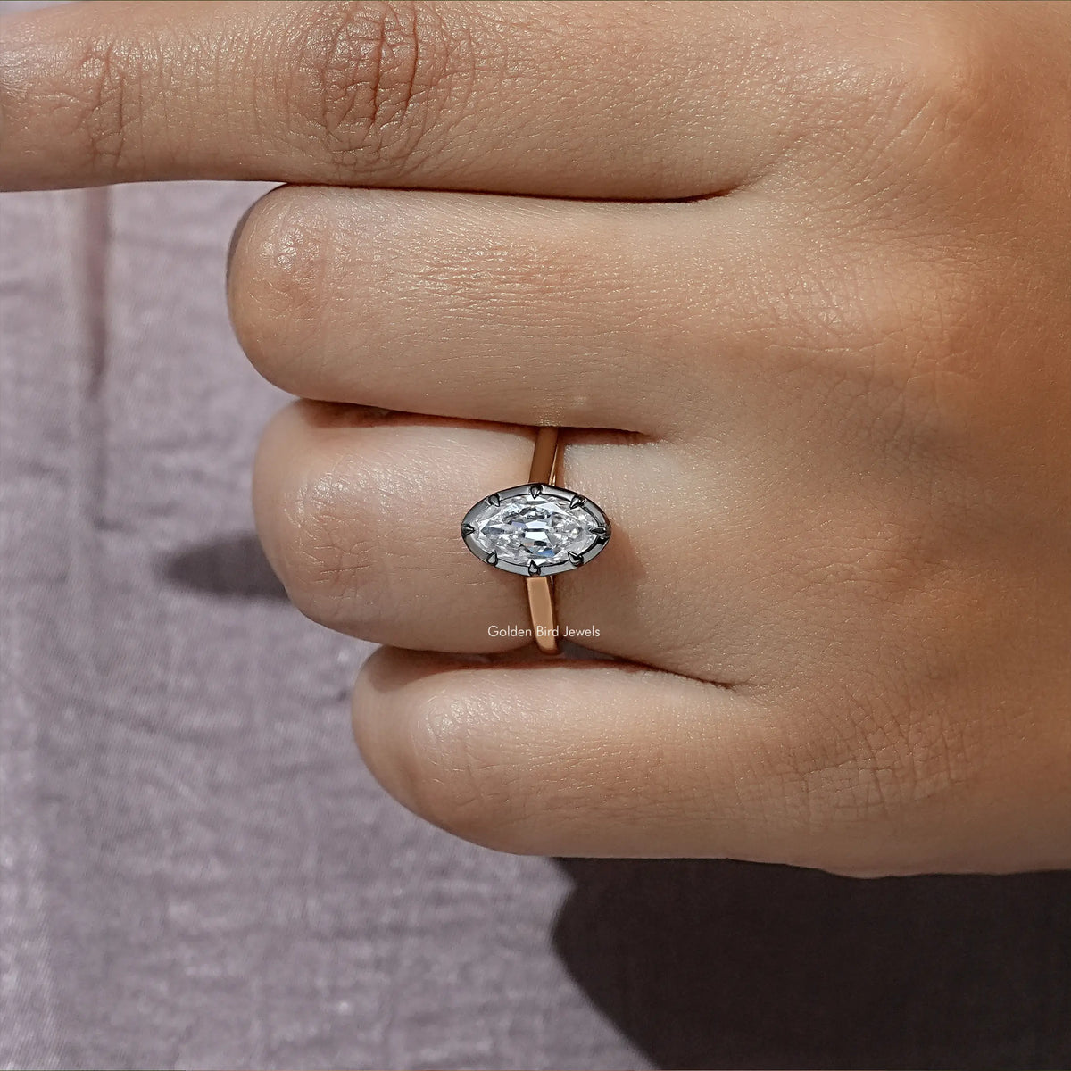 Black Bezel Old Mine Moval Moissanite Solitaire Ring