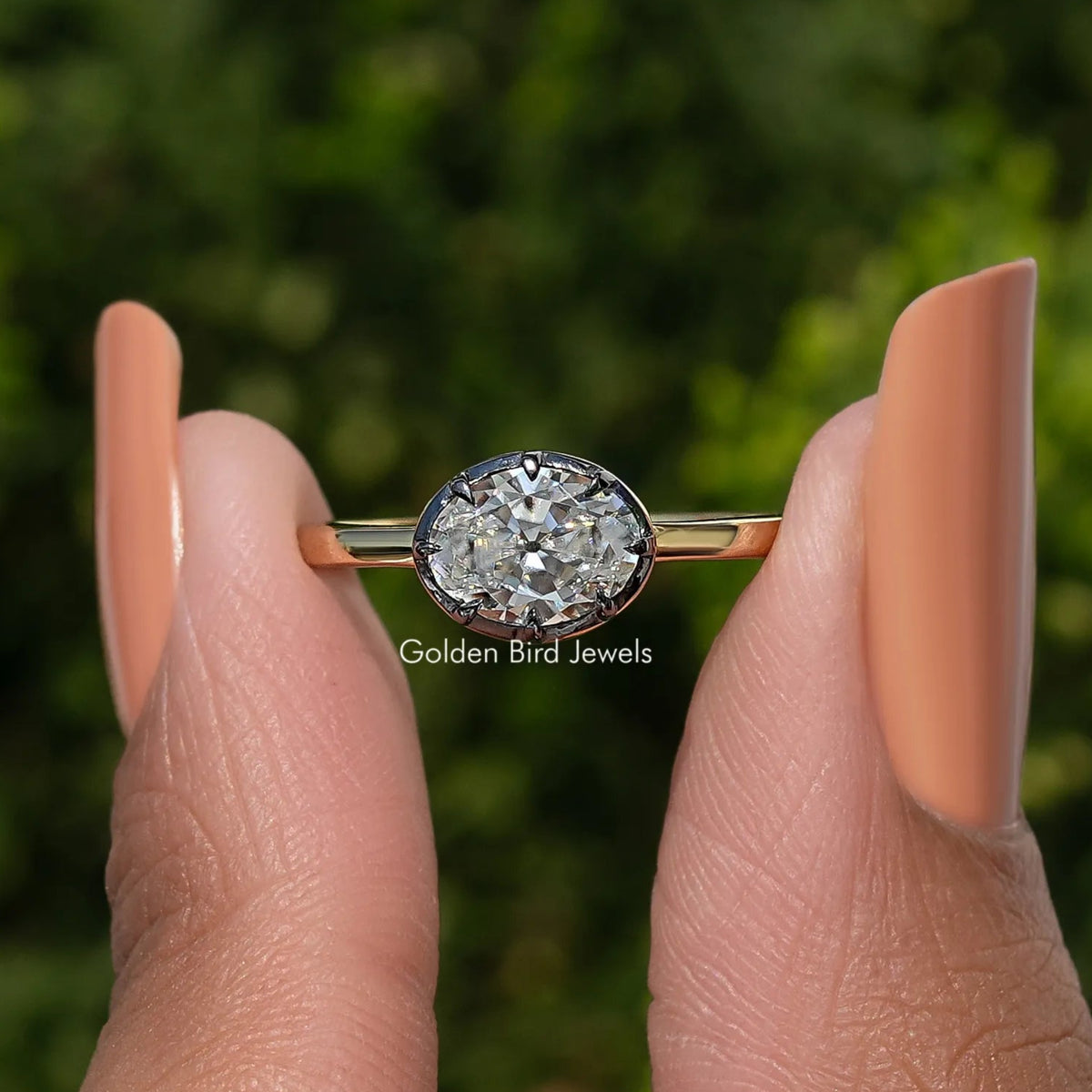 East West Old Mine Oval Cut Moissanite Solitaire Ring