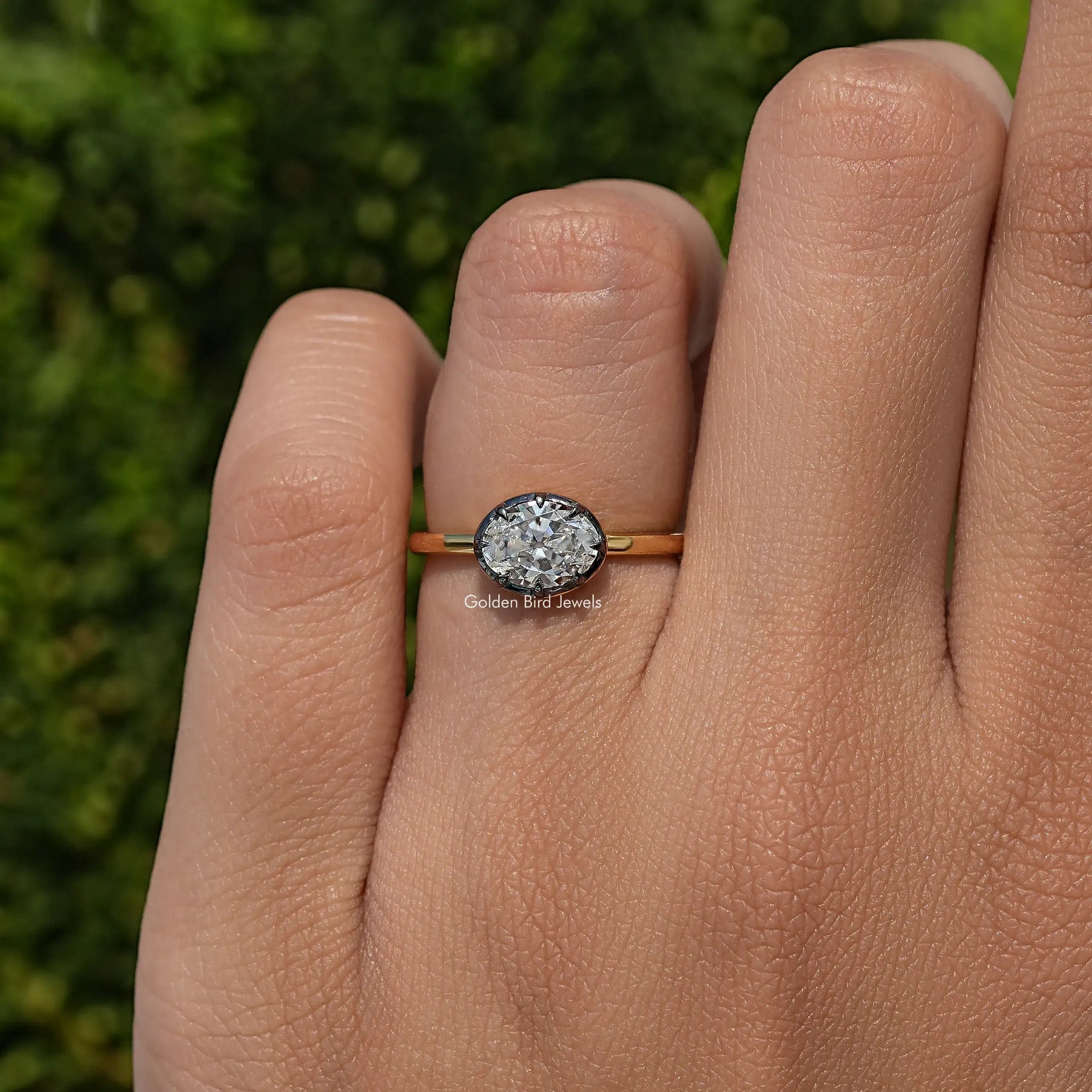 East West Old Mine Oval Cut Moissanite Solitaire Ring