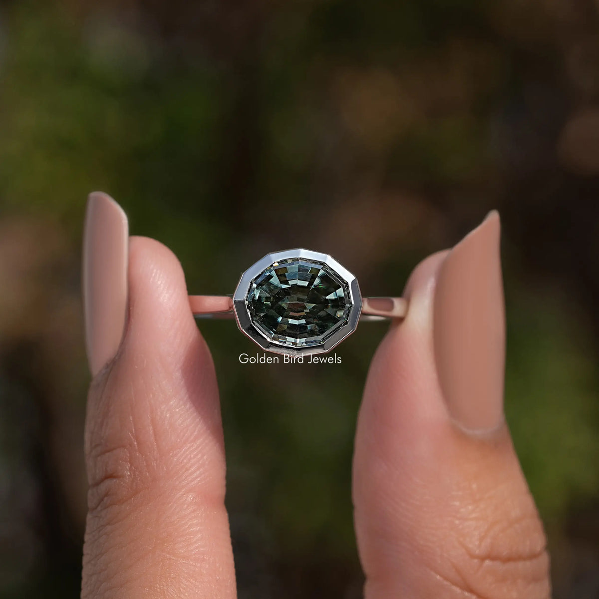 Moissanite Step Cut Oval Blue Green Solitaire Bezel Set Ring