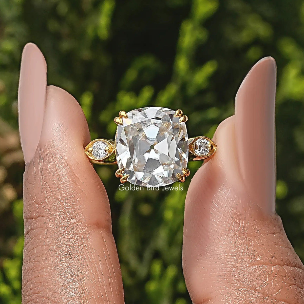 Old Mine Cushion Three Stone Moissanite Ring