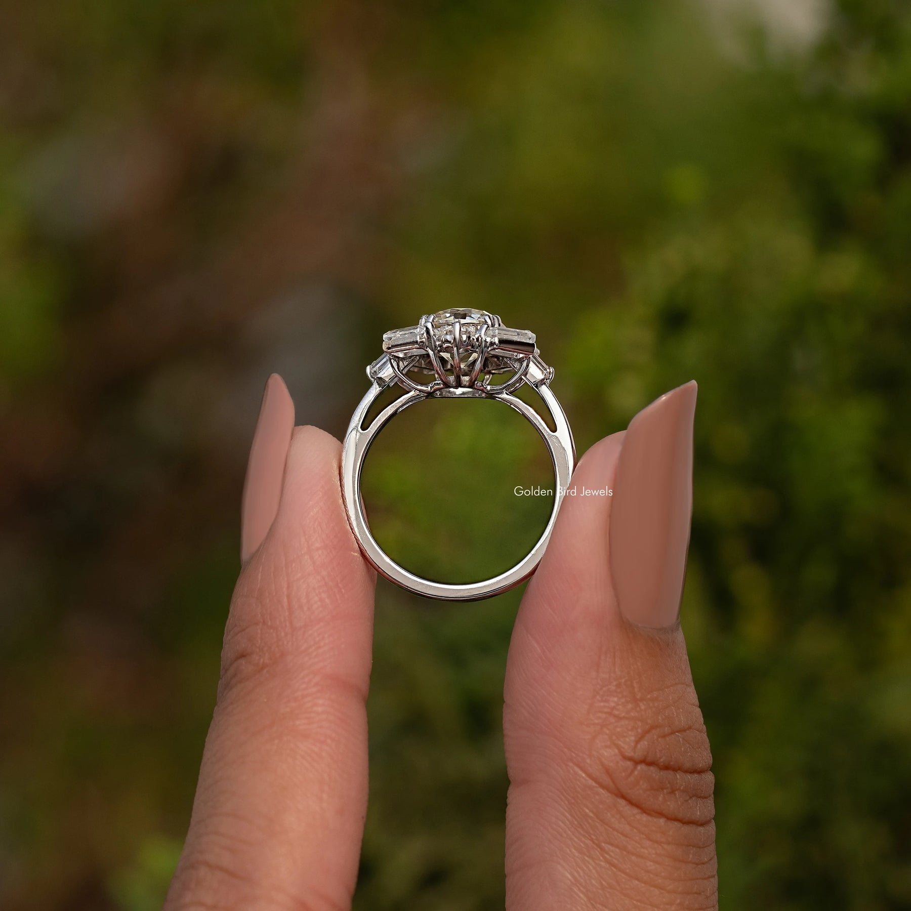 Old European Cut Round With Baguette Moissanite Ring