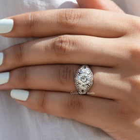 Close-Up View of Old European Round Cut Moissanite Ring In White Gold 