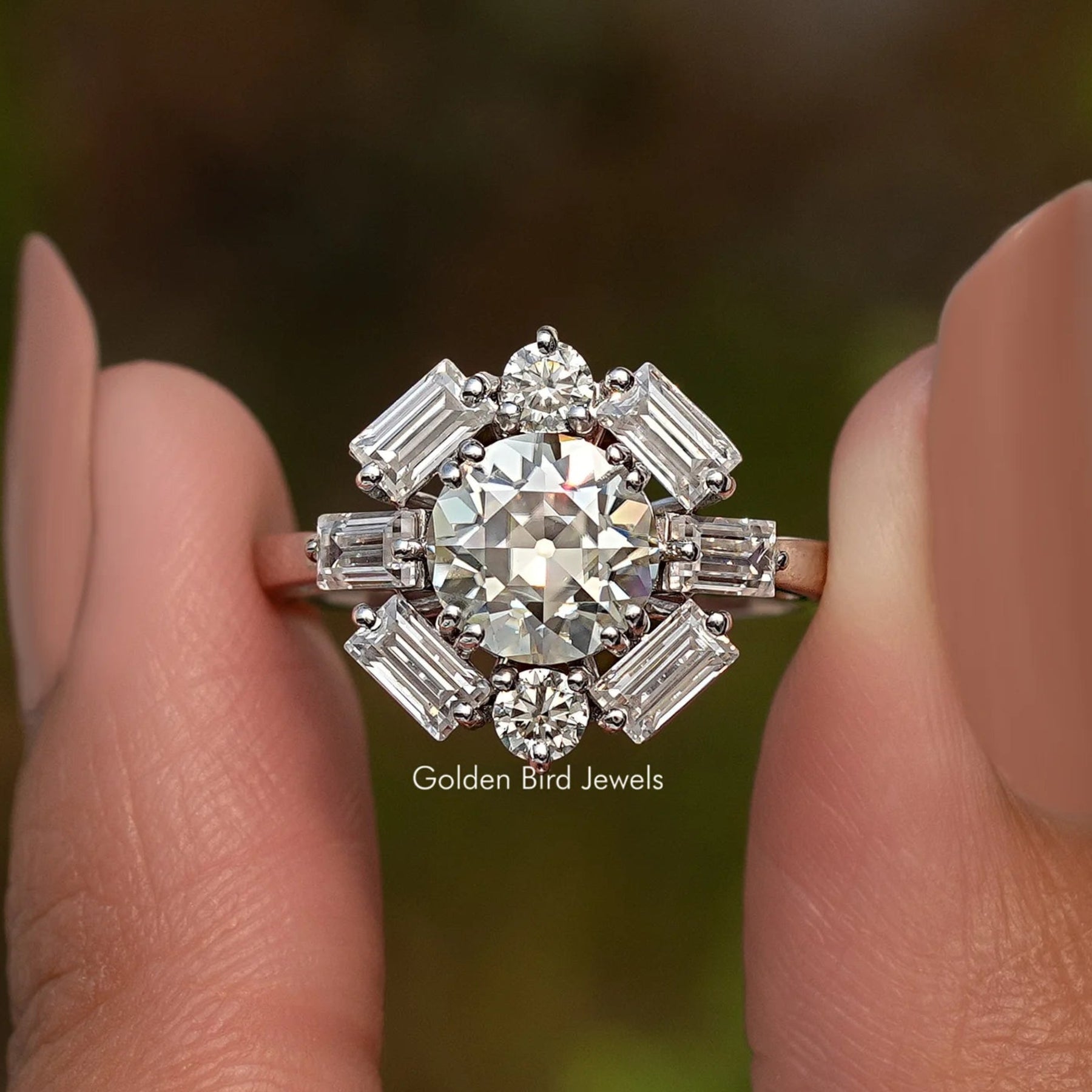 Old European Cut Round With Baguette Moissanite Ring
