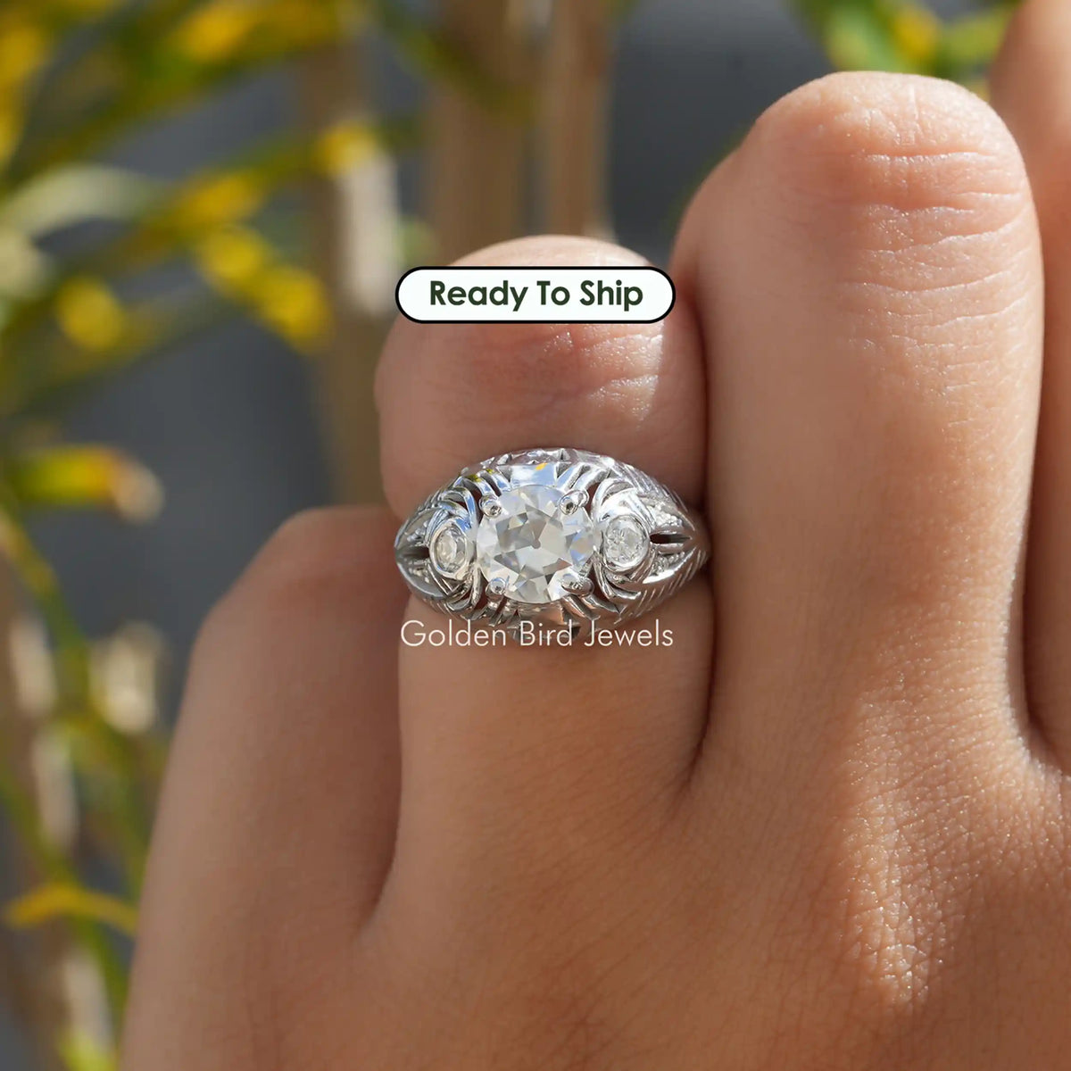 [Old European Round Cut Moissanite Ring In White Gold]-[Golden Bird Jewels]