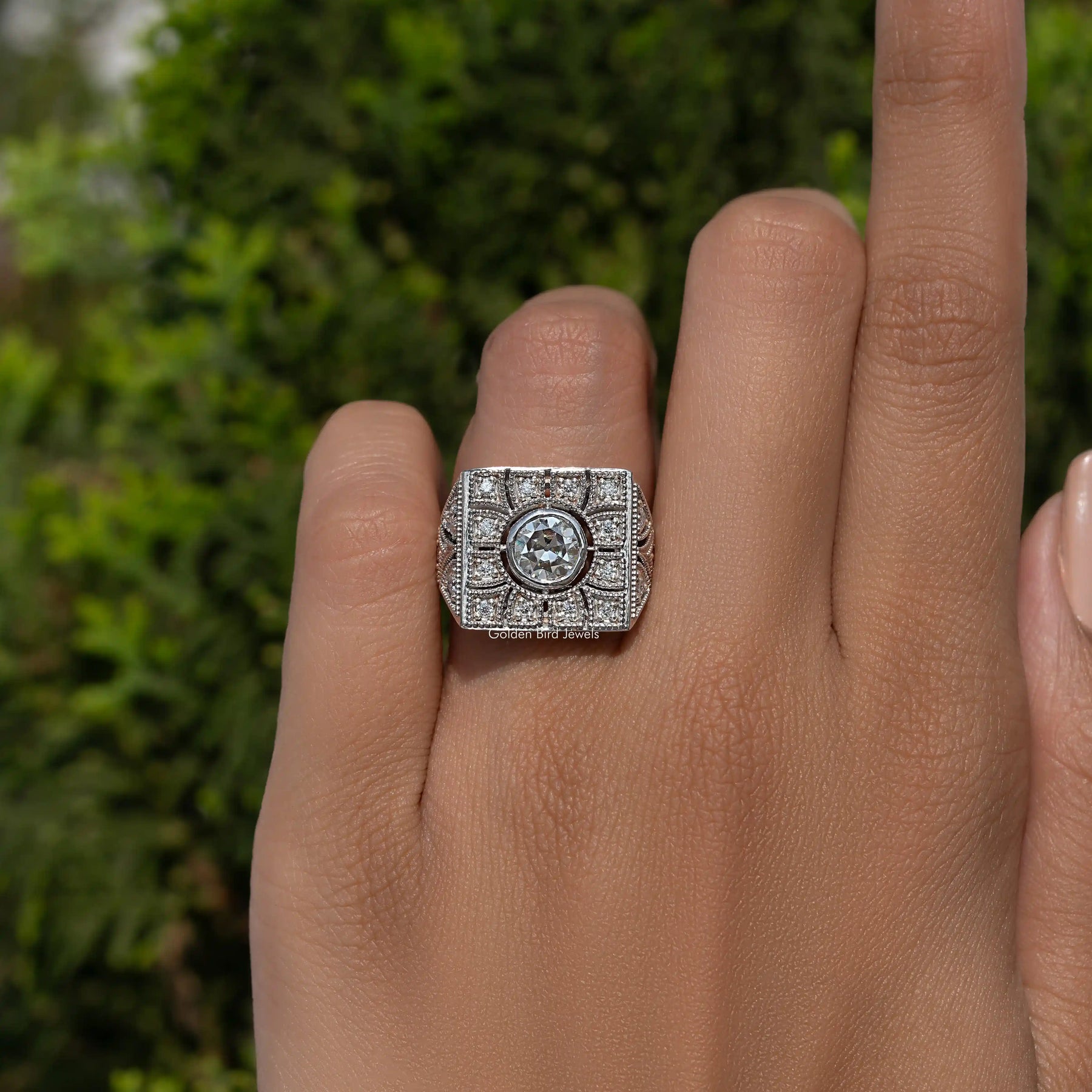 Old European Round Cut Art Deco Square Moissanite Ring