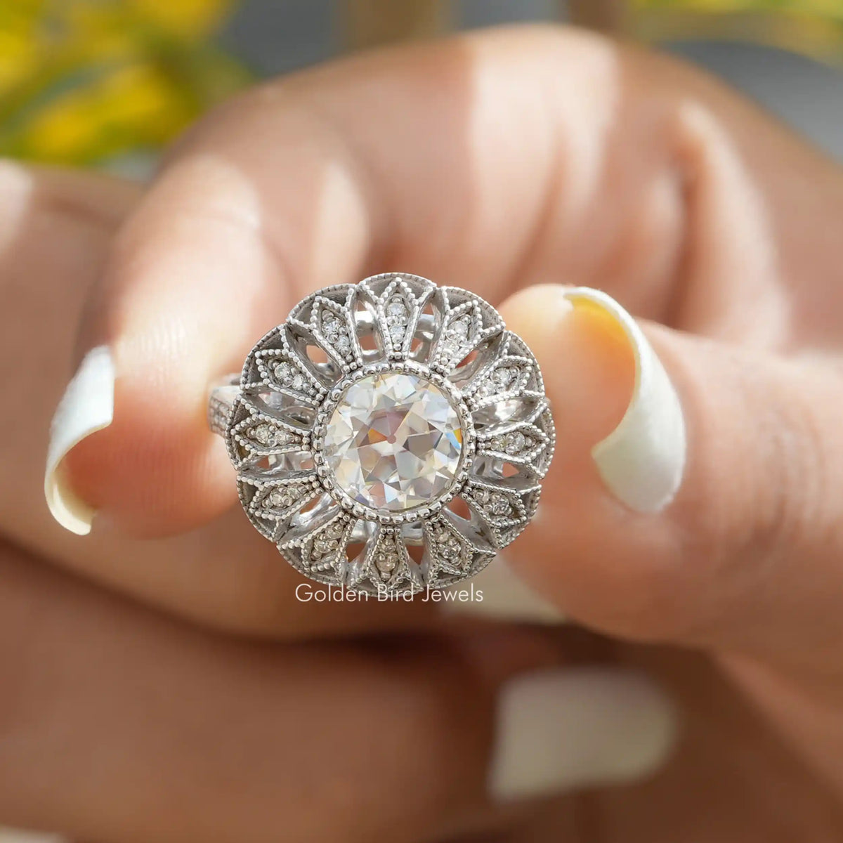 Front View of Old European Round Cut Moissanite Vintage Engagement Ring In two Fingers