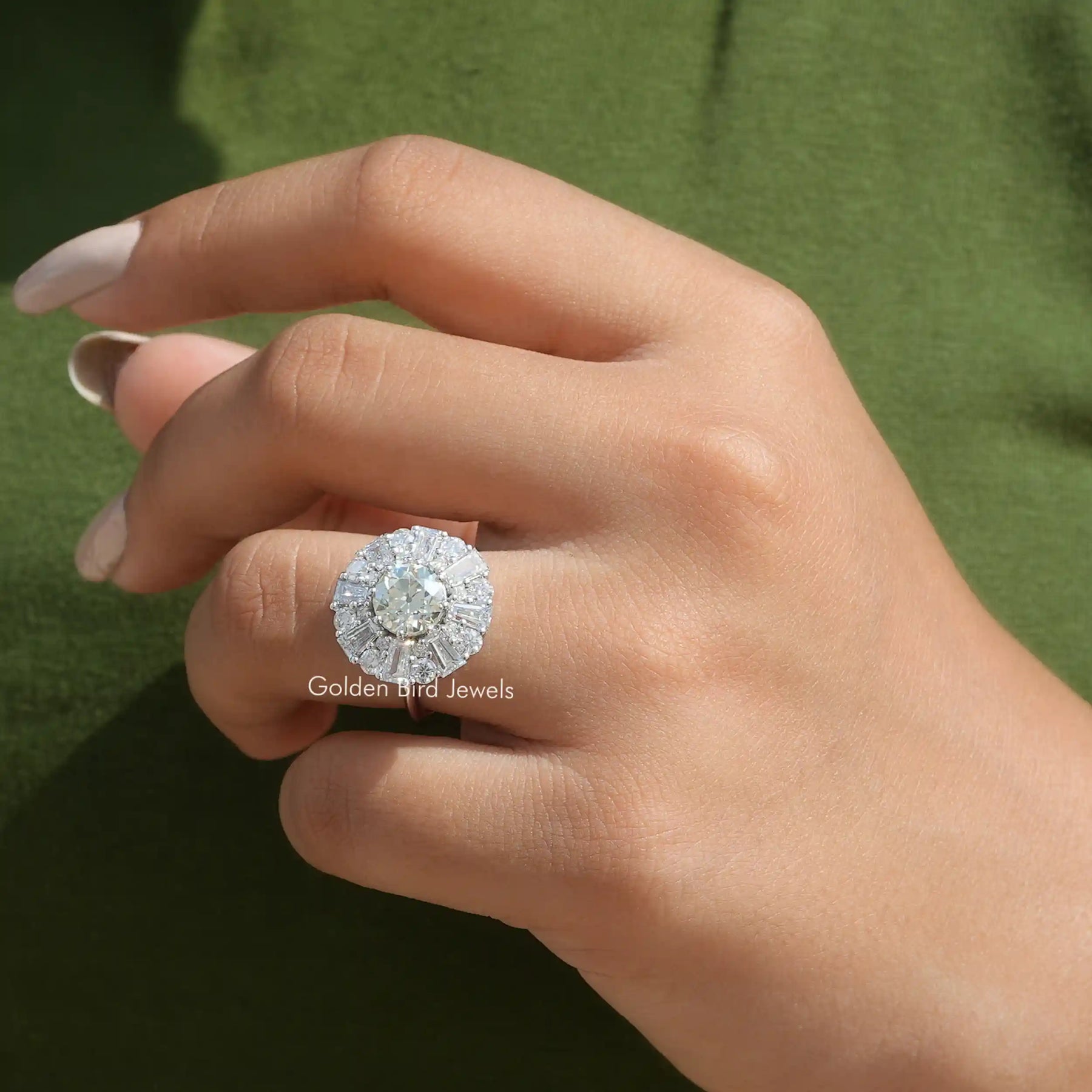 Close-Up View of Moissanite Old European Round Cut Cluster Ring In White Gold