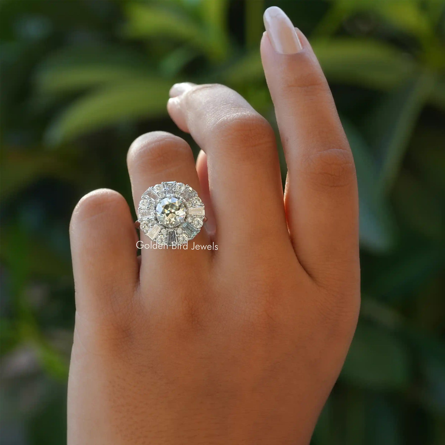 View of Old European And Tapper Baguette Cut Moissanite Ring In Finger