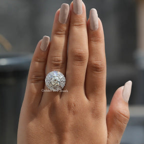Old European Round Cut Moissanite Ring In Finger