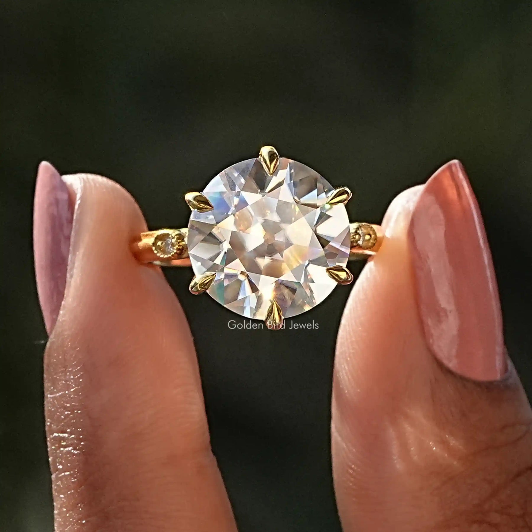 [Old European Round Cut Moissanite Engagement Ring]-[Golden Bird Jewels]