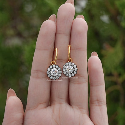 Old European Round Moissanite Halo Dangle Earrings