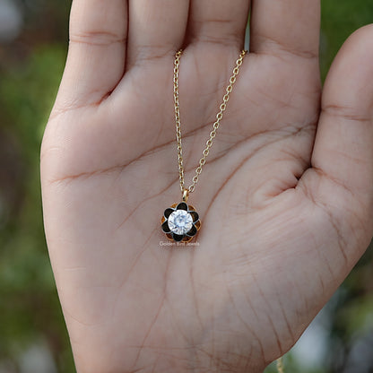 In hand Showing View Of Old European Cut Round Moissanite Flower Style Pendant 