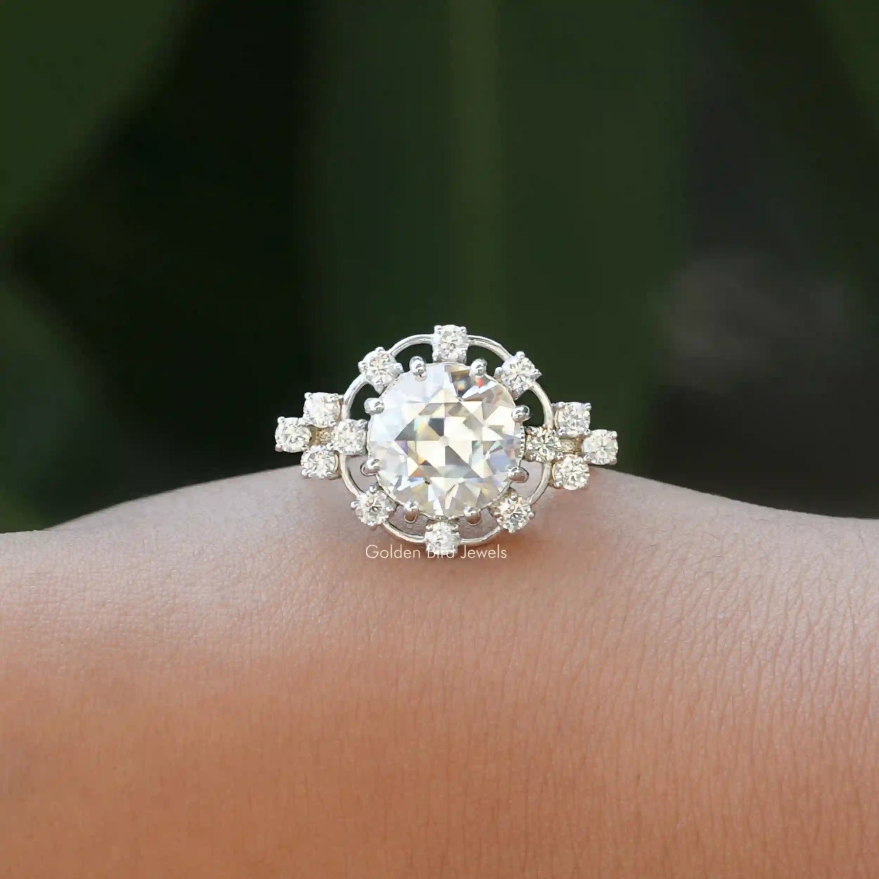 [Old European Cut Moissanite Ring In 14k White Gold]-[Golden Bird Jewels]