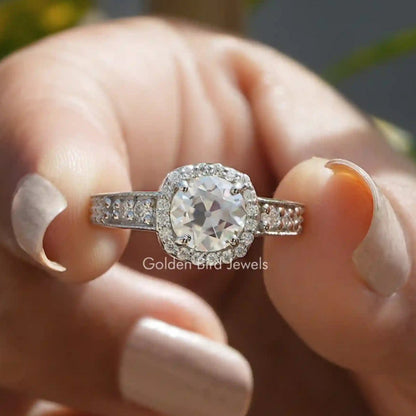 Front View of Old European Round Cut Halo Moissanite Vintage Ring In two Fingers