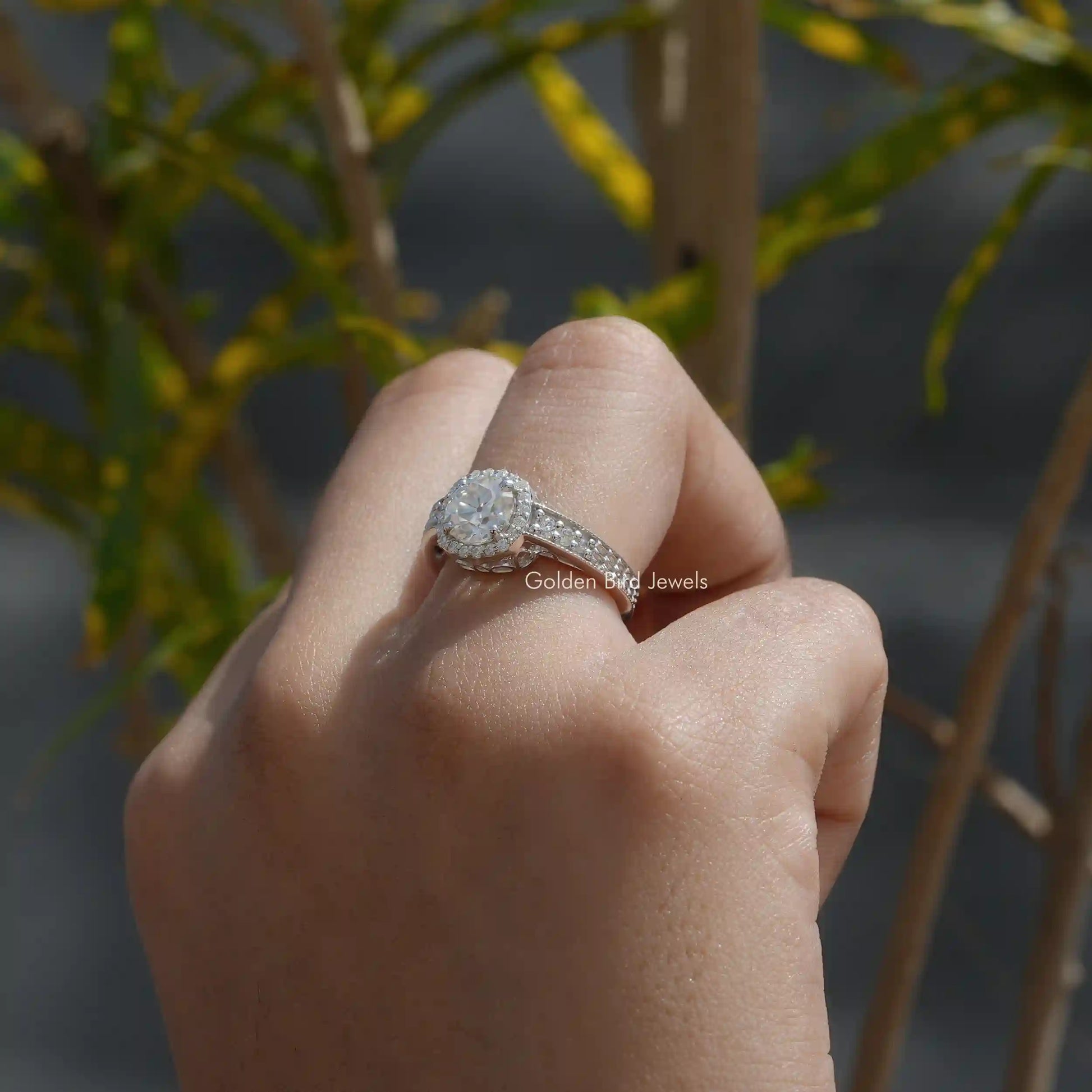 Detailed View Of Colorless Old European Round Cut Moissanite Ring In White Gold