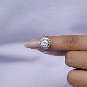 In finger front View of Round Cut Moissanite Engagement Ring In White Gold