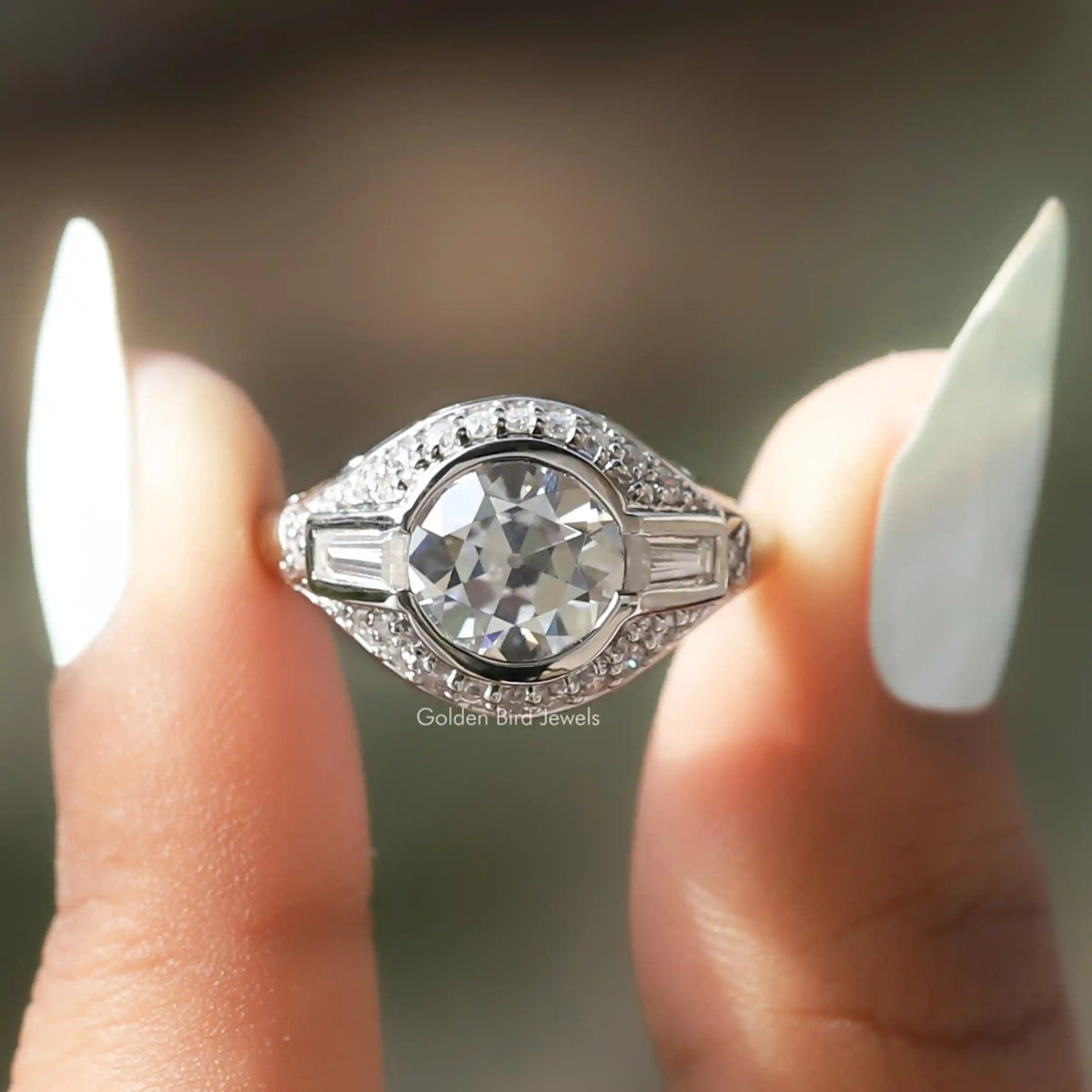 Front View of Old European Round Cut Moissanite Vintage Ring In two Fingers