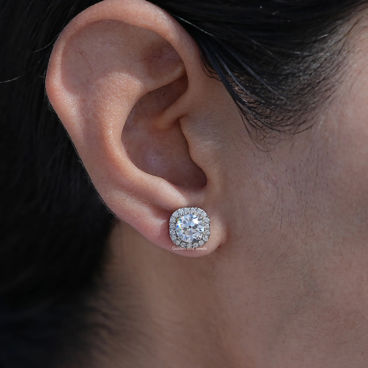View of Round Cut Lab Diamond Halo Stud Earrings In Ear's