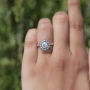 View of Halo Moissanite Engagement Ring in prongs setting 