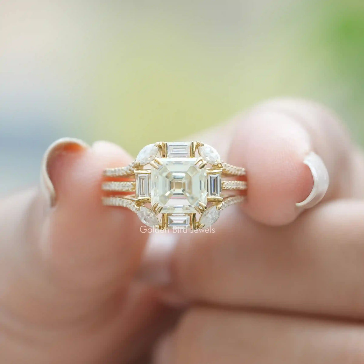 Front View of Old Mine Asscher Cut Moissanite Ring In two Fingers