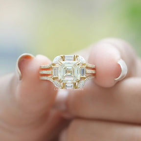Front View of Old Mine Asscher Cut Moissanite Ring In two Fingers