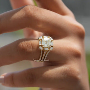 View of Moissanite Asscher And Marquise Cut Multi Stone Ring In Yellow Gold