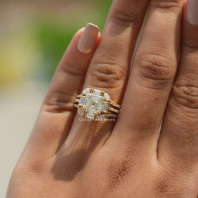 View of Asscher Multi Stone Moissanite Ring In Yellow Gold