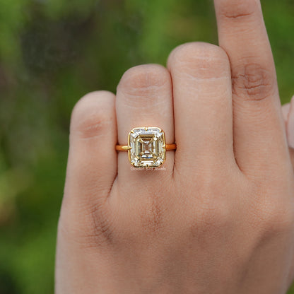 In finger view of Old Mine Asscher Moissanite Solitaire Ring