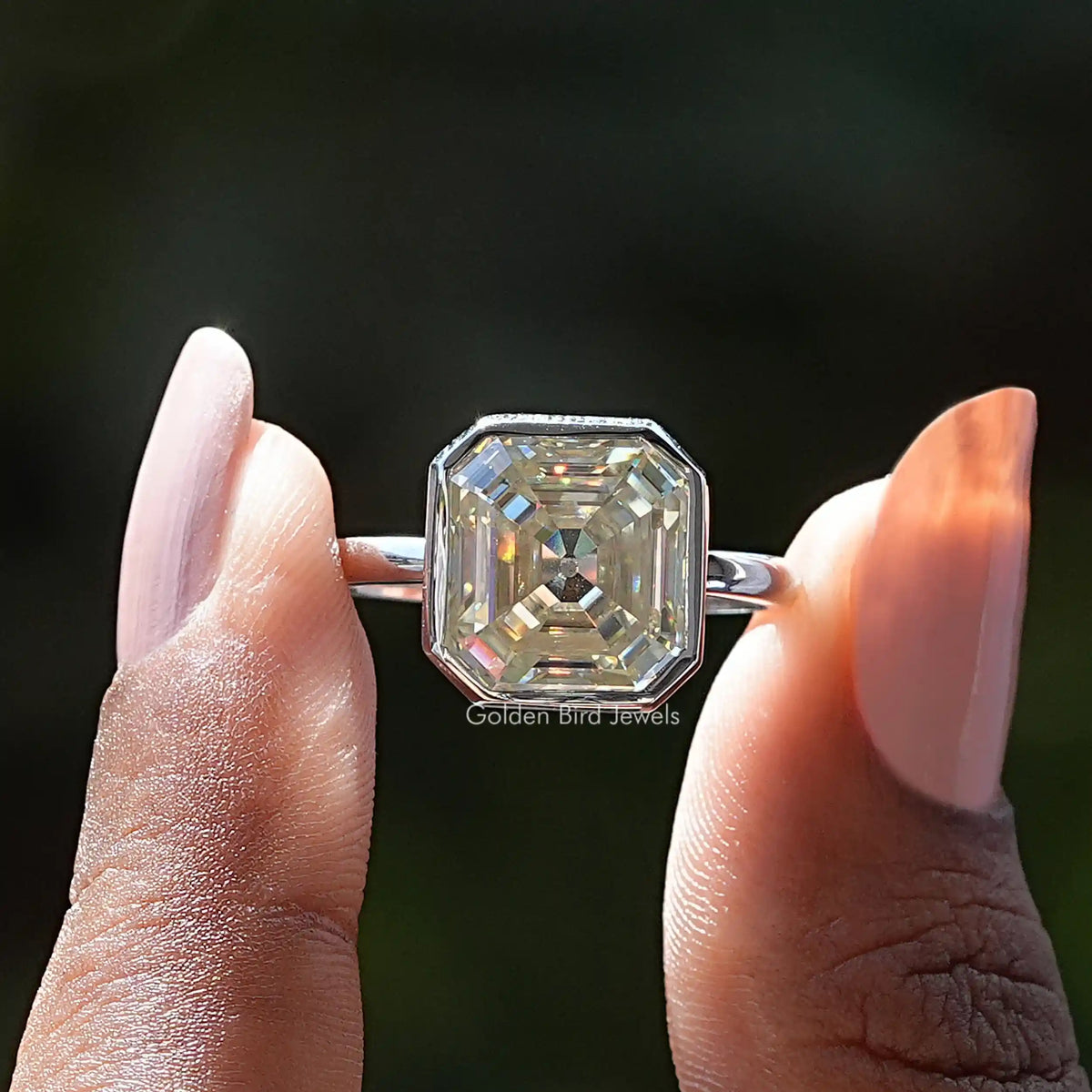 [Old Mine Asscher Cut Moissanite Solitaire Ring]-[Golden Bird Jewels]