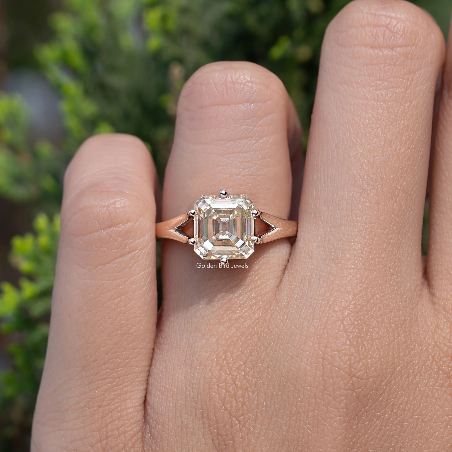 Yellow Moissanite Old Mine Asscher Split Shank Ring