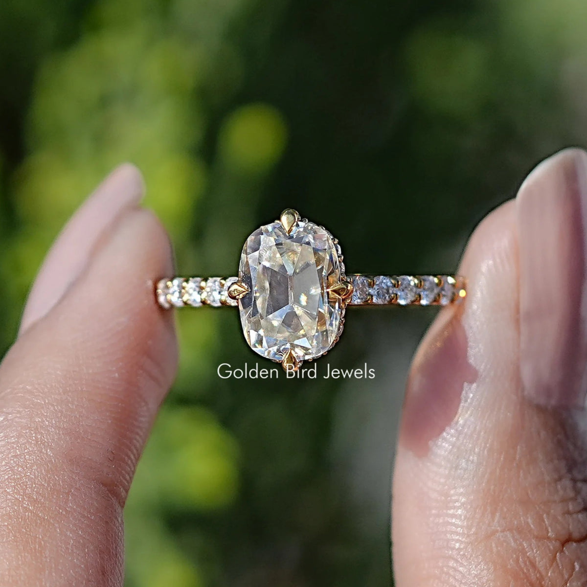 Old Mine Cushion Moissanite Accent Stone Ring