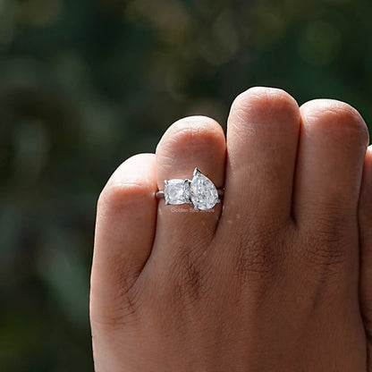 Detailed View of Cushion And Old Mine Pear Moissanite Ring In White Gold