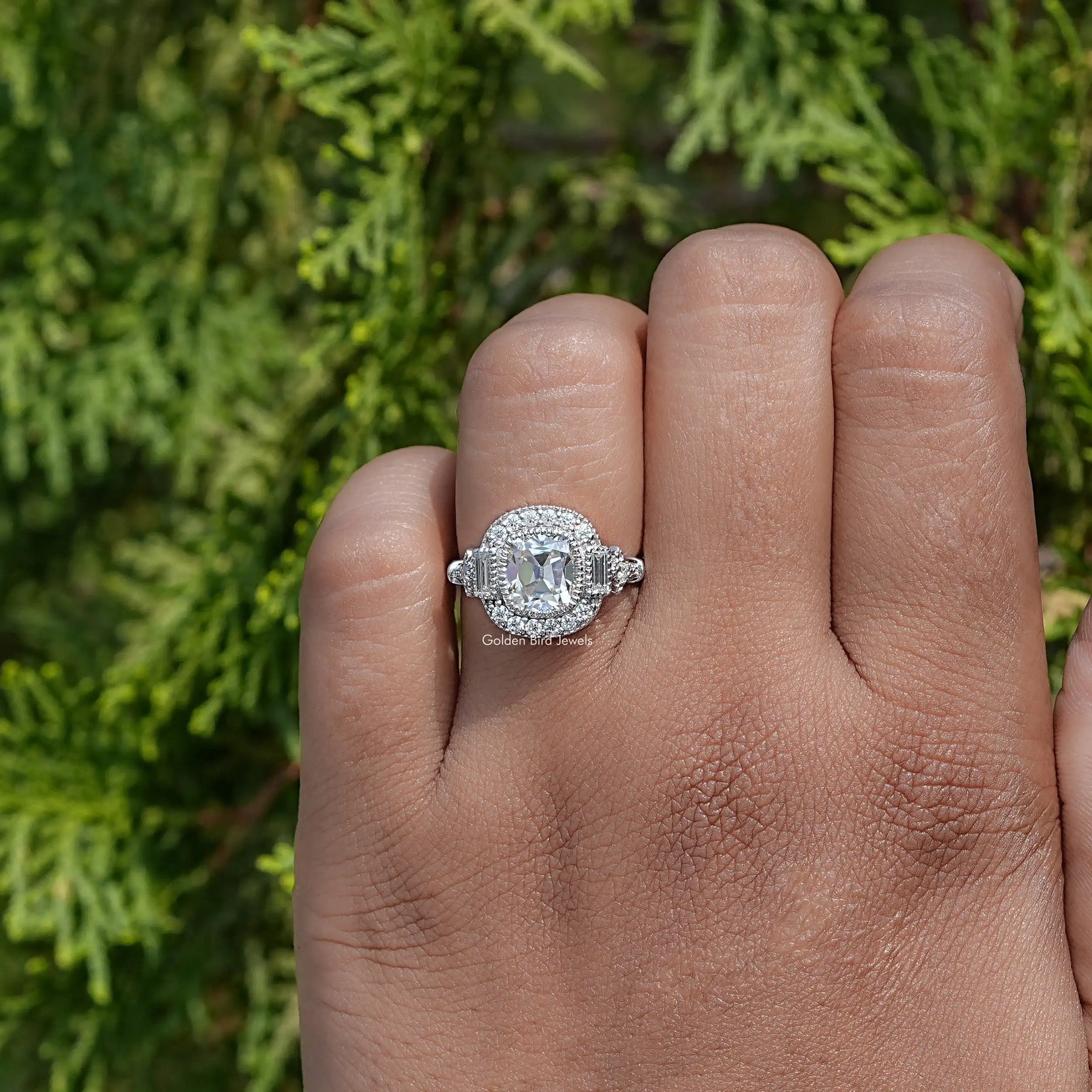 Old Mine Cushion Cut Moissanite Halo Accent Ring