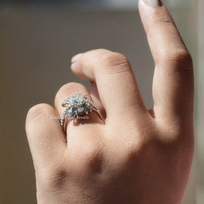 Cushion And Round Cut Moissanite Engagement Ring In Finger