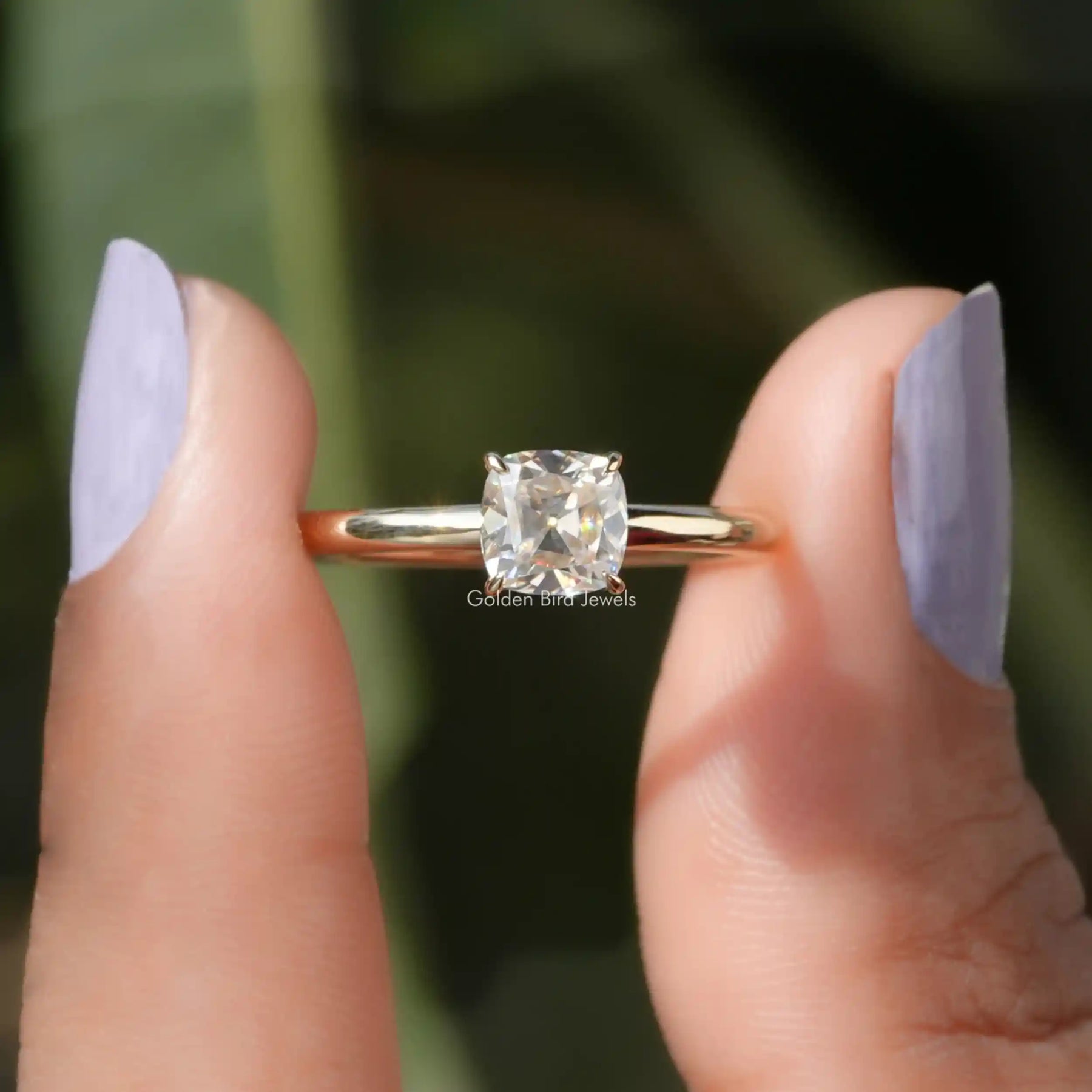 [Old Mine Cushion Cut Moissanite Solitaire Engagement Ring]-[Golden Bird Jewels]