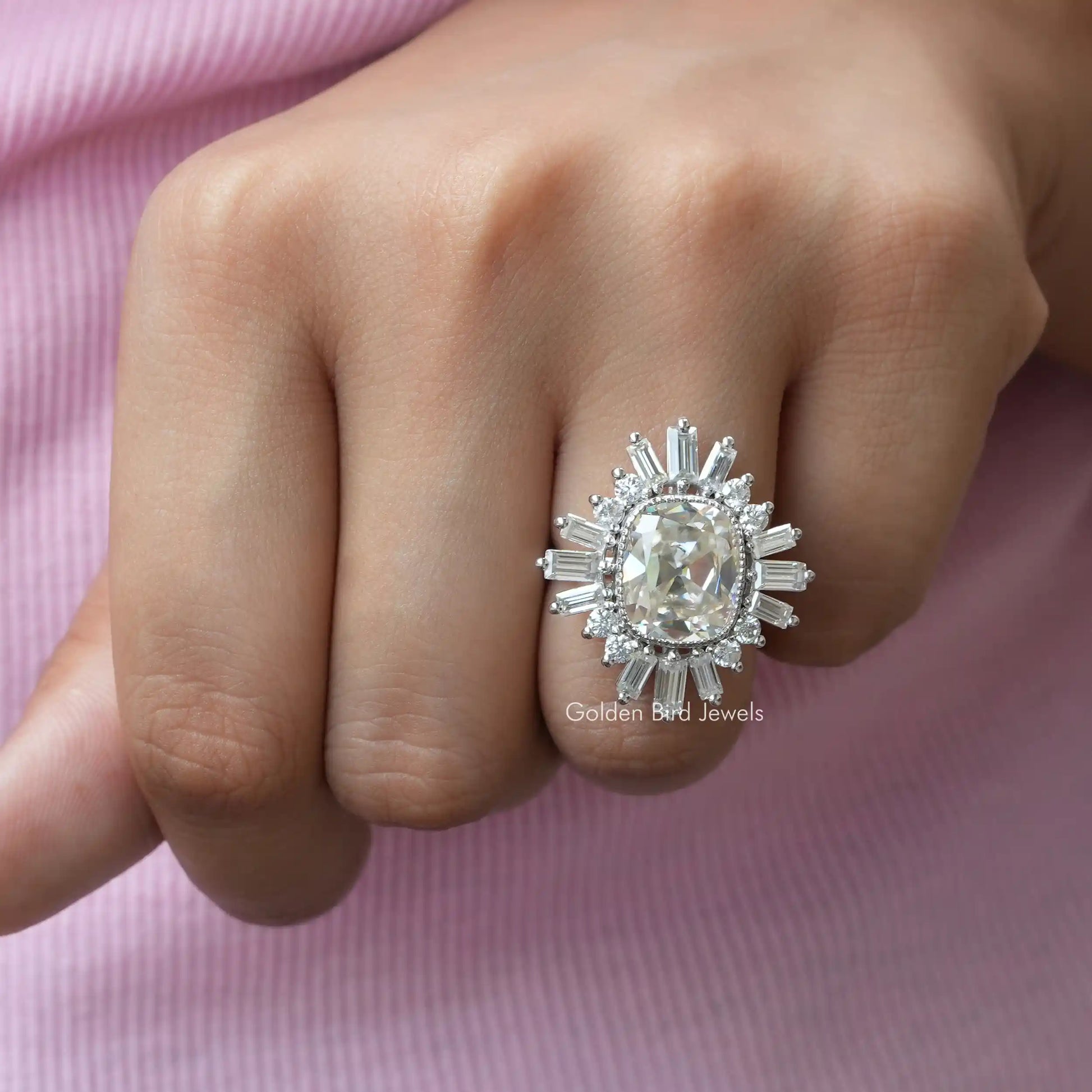 Front View of Old Mine Cushion Cut Moissanite Engagement Ring In White Gold