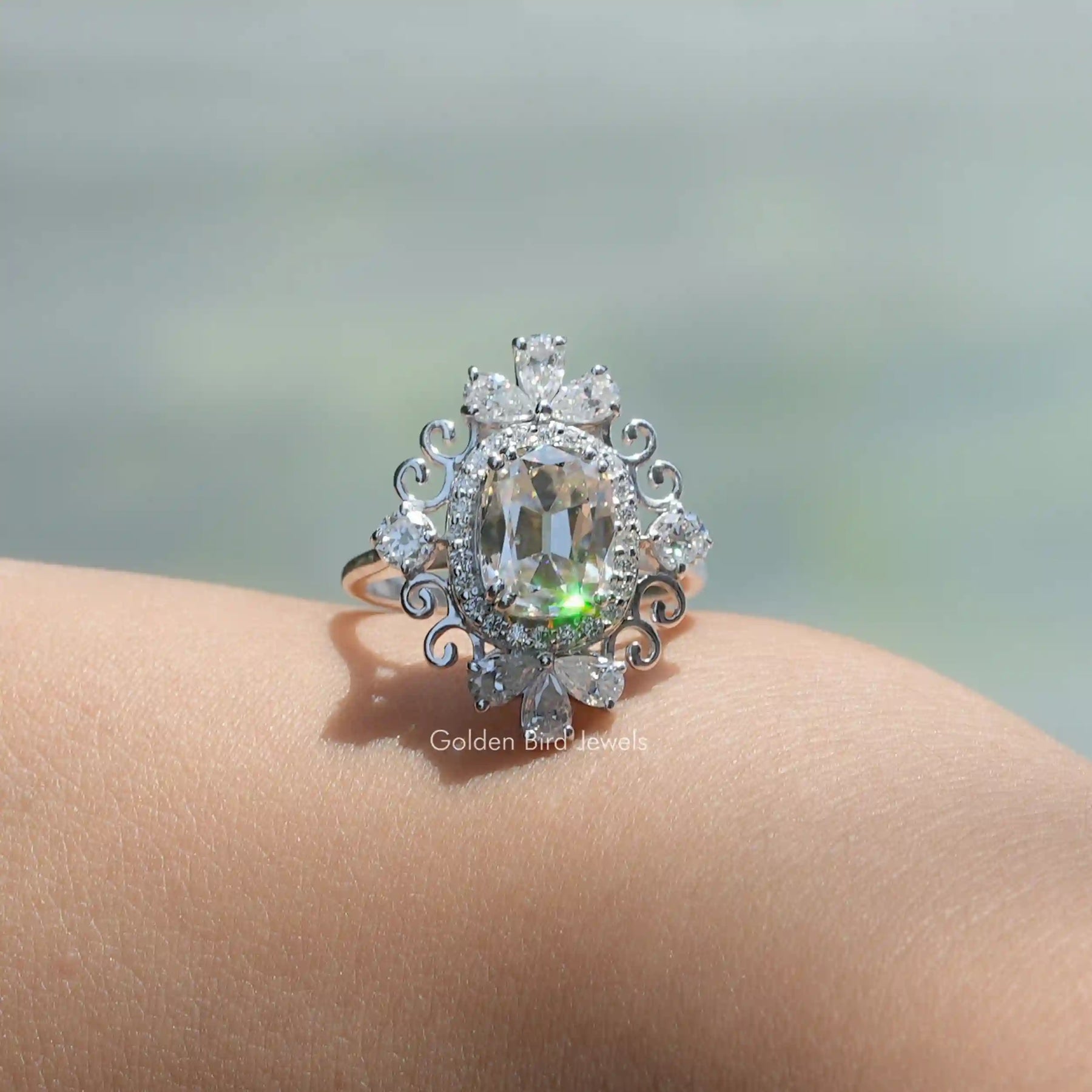 [White Gold Old Mine Cushion Cut Moissanite Ring]-[Golden Bird Jewels]