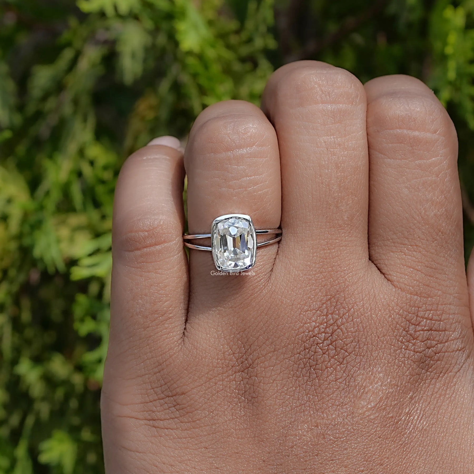 Old Mine Cushion Cut Moissanite Split Shank Ring