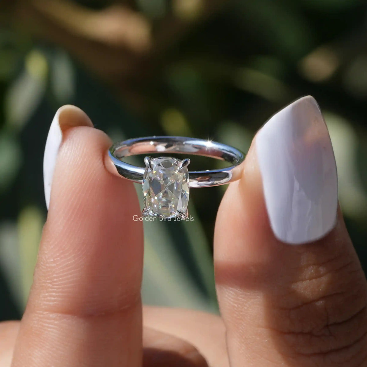 [Old Mine Cushion Cut Moissanite Solitaire Ring]-[Golden Bird Jewels]