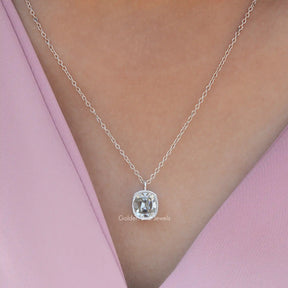 View of cushion cut moissanite solitaire pendant 