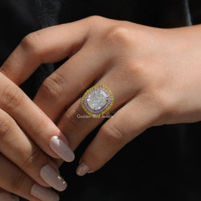View of Old Mine Cushion Cut Moissanite Double Halo Ring In Finger