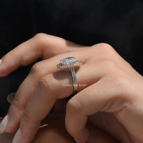 Side View of Old Mine Cushion Cut Double Halo Ring Set In finger