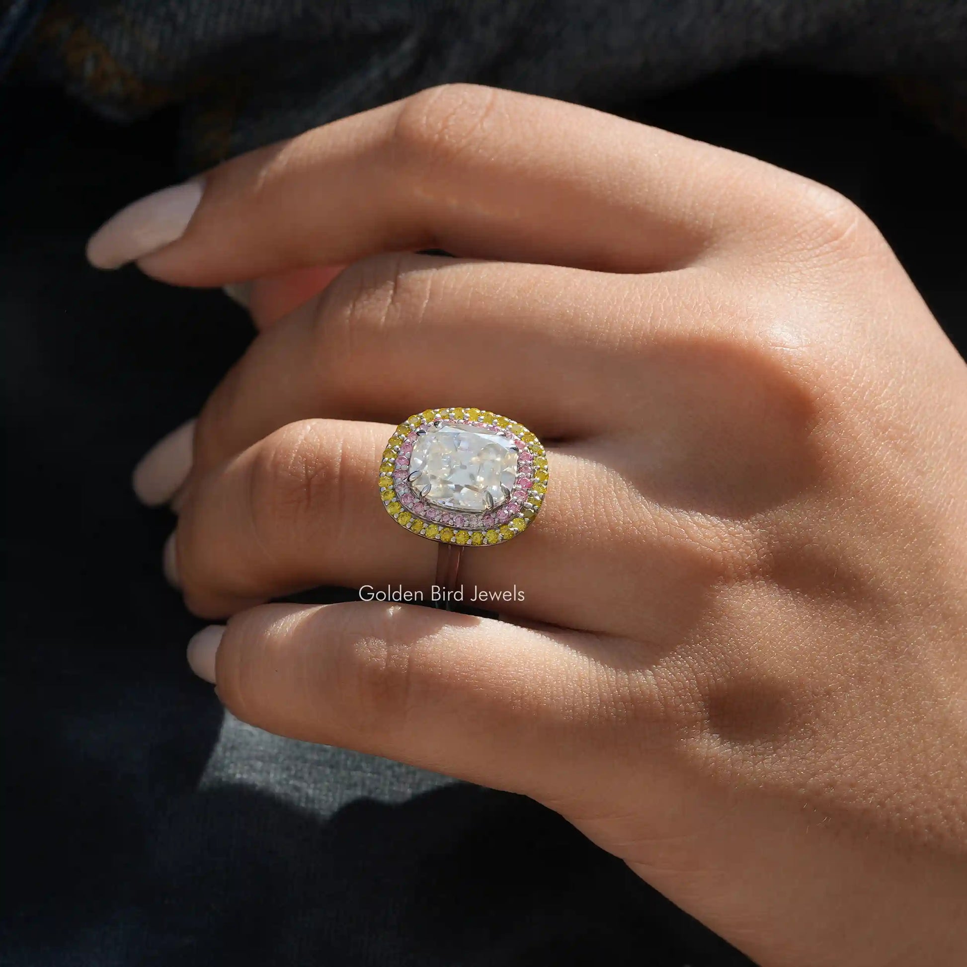 Close-Up View of Moissanite Old Mine Cushion Cut Ring In Yellow Gold 